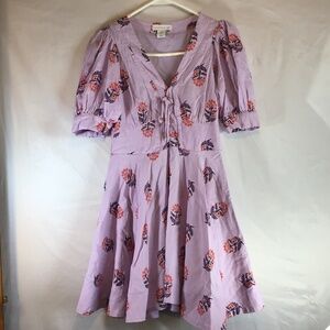 House of Harlow 1960 Size 2 Lavender Linen Boho Floral Puff Sleeve Dress